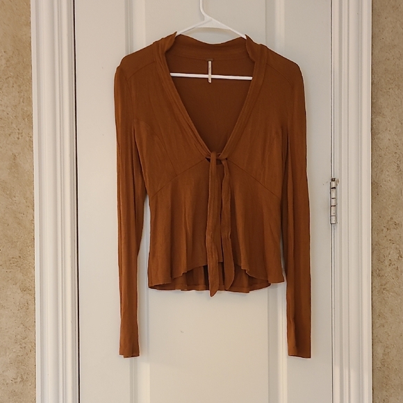 Free People V Neck Front Tie Top Rust Long Sleeve Small - Picture 2 of 10